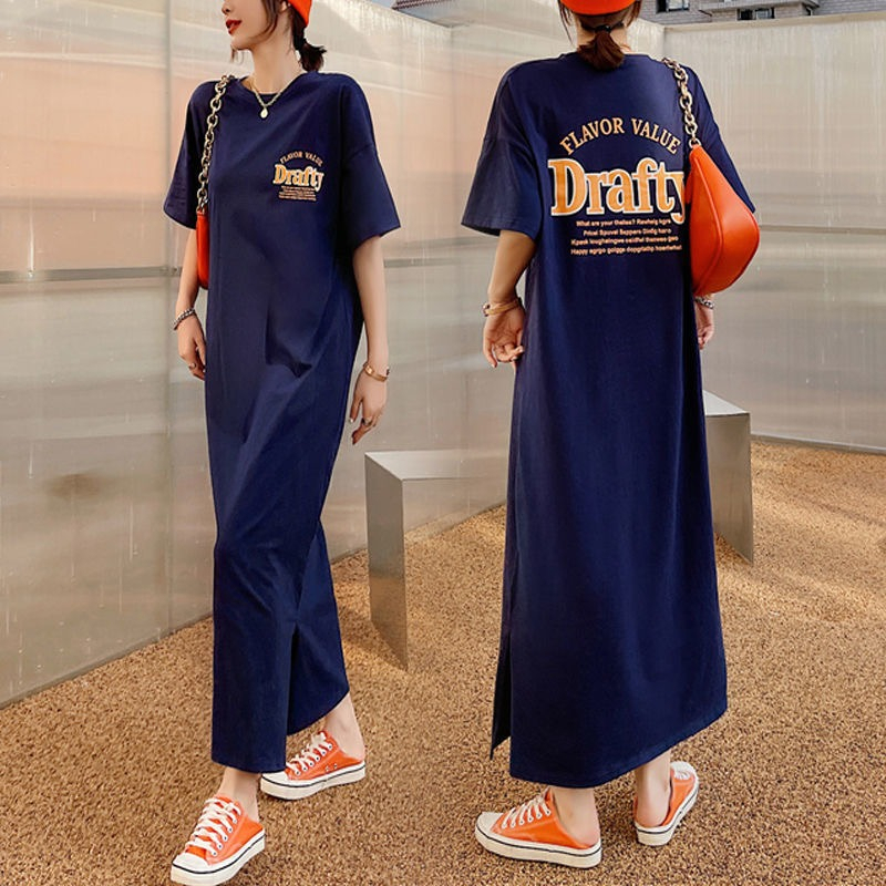 Summer new fashion large split print T-shirt long skirt long knee length dress a lot