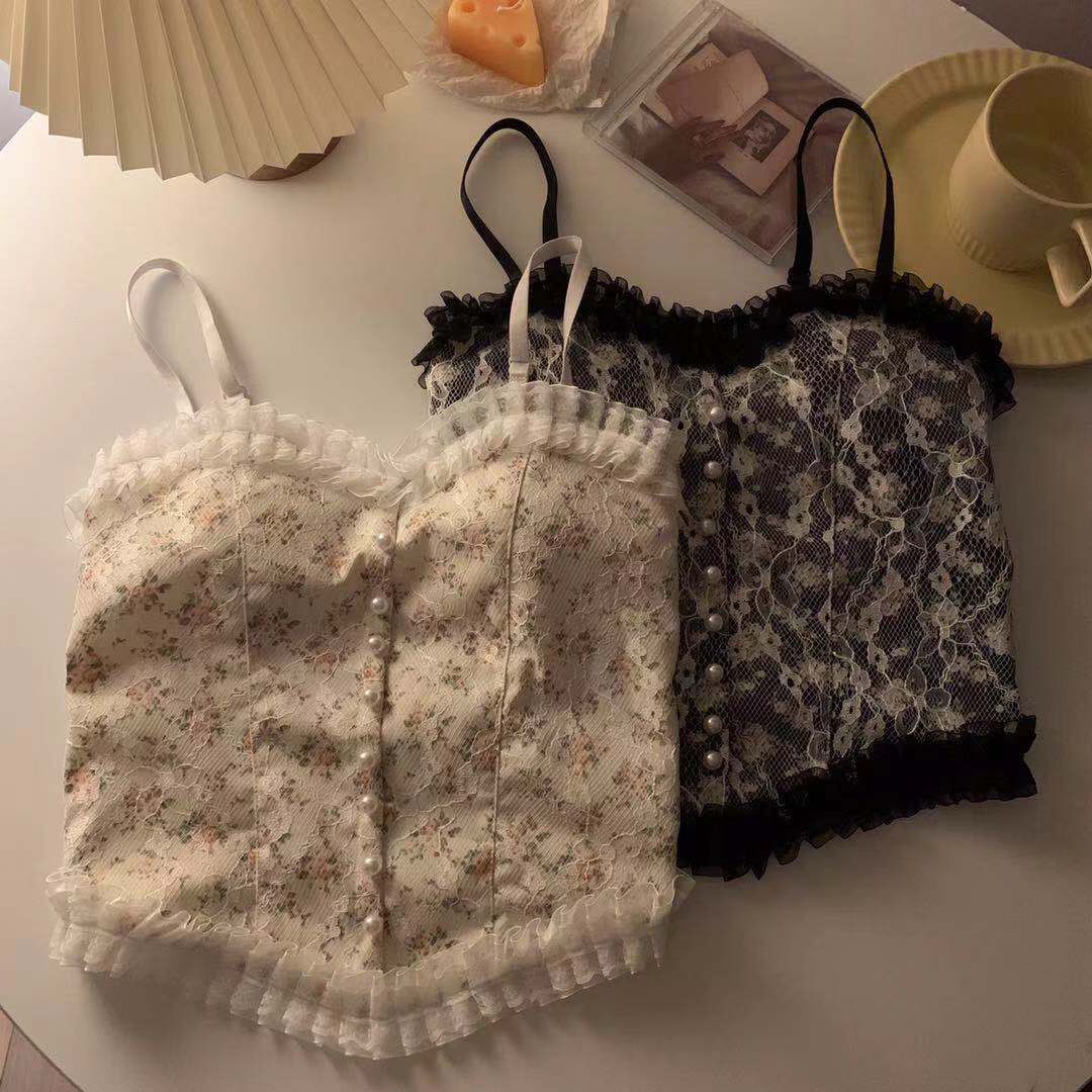 Suspender vest women's interior with autumn 2021 new base design sense of minority short coat sexy lace broken flowers