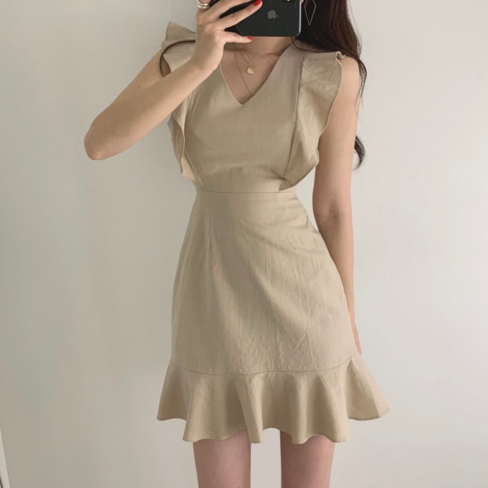 Korean French minority foreign style Ruffle fishtail skirt with Hip Wrap temperament slim waist dress