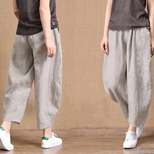 200 kg cotton cropped pants loose thin Imitation cotton linen elastic waist wide leg pants retro literary casual pants