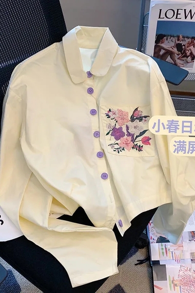 Cream yellow cherry blossom embroidered shirt women's early spring 2022 new design irregular and chic Hong Kong style shirt