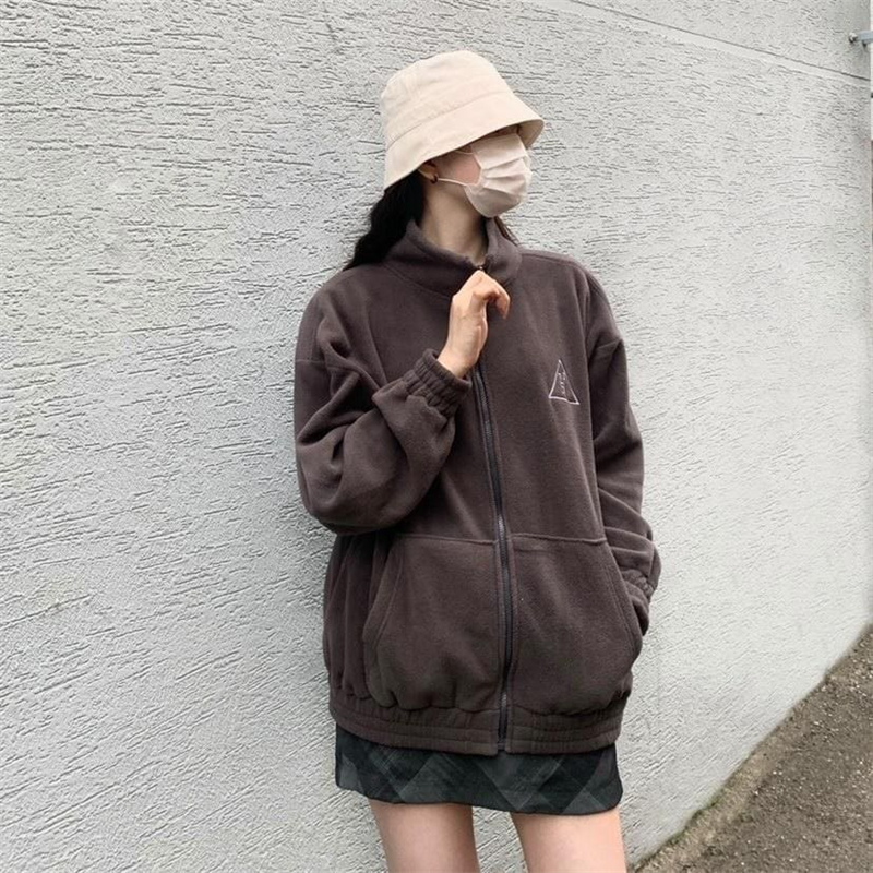 ~Retro Street baseball style embroidered letter fleece warm Lapel zip coat autumn winter Korea