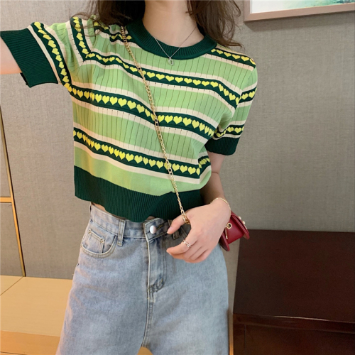 Real shot real price Avocado Green knitted T-shirt short sleeve women's blouse ice gauze thin loose thin short T-shirt