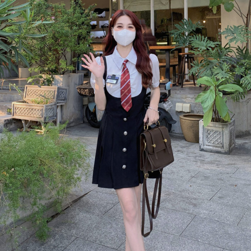 Fake two-piece dress women's summer new American style preppy polo collar slim waist pleated skirt