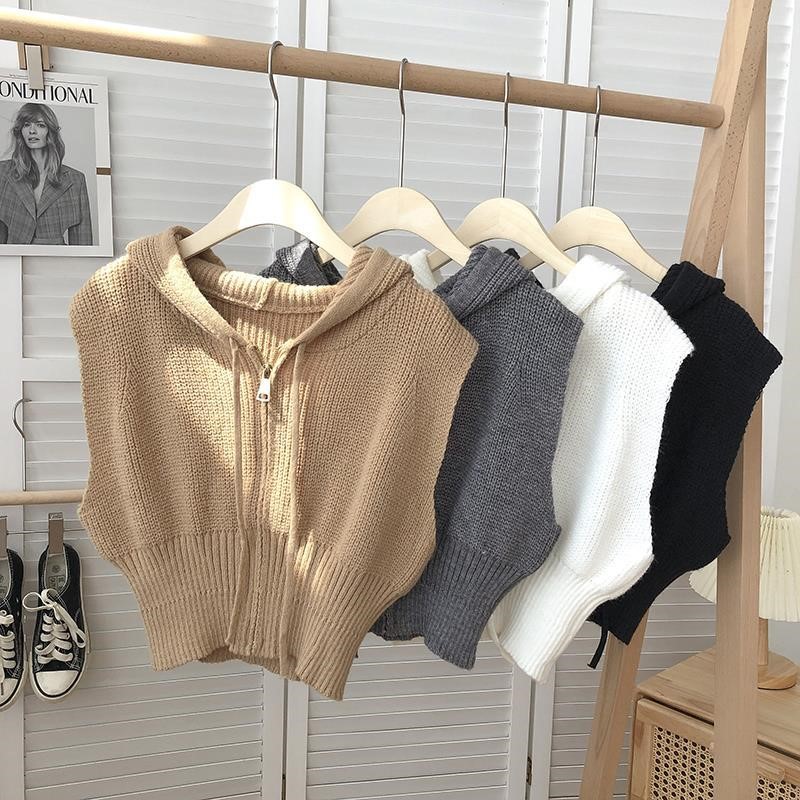 Zipper drawstring hooded sleeveless solid color knitted vest women's 2022 autumn and winter Korean version all-match short outer top