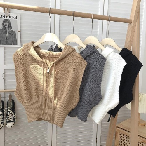 Zipper drawstring hooded sleeveless solid color knitted vest women's  autumn and winter Korean version all-match short outer top