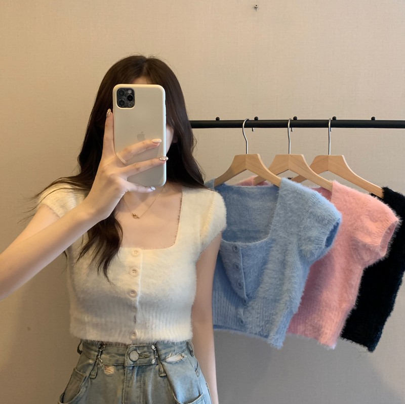 Real price real shot 2022 new sweet and spicy style design sense square neck slim Mohair thin style short sleeved shirt