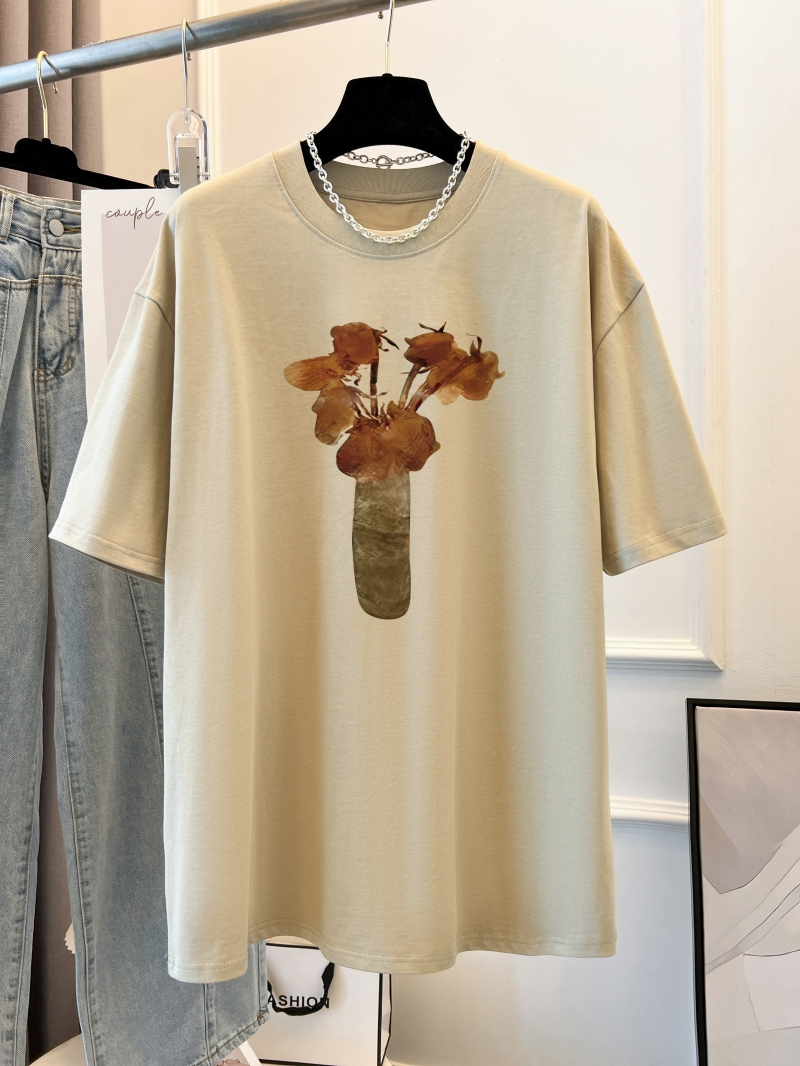 Real shot of 100% cotton cotton bag collar large size printed summer short-sleeved T-shirt women's loose Korean version