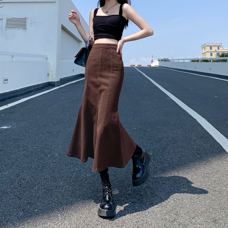 Real time fishtail skirt, cowboy skirt, women's spring dress, new small man, coffee color, high waist, A-line skirt, hip length