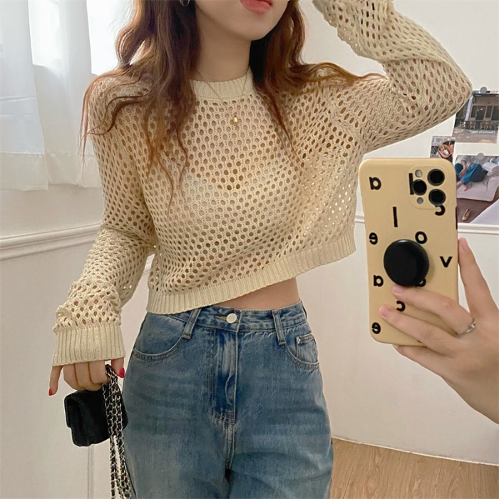 Thin long-sleeved sunscreen knitwear women's summer new loose and lazy style hollowed-out blouse with suspenders and a short top