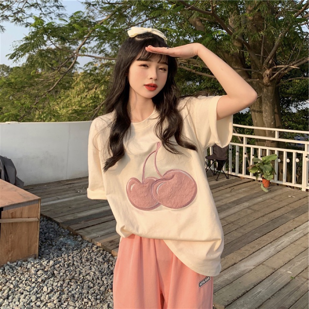 Towel embroidered cherry short sleeve T-shirt women's summer 2022 new loose Korean ins net red clothes