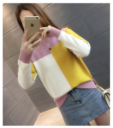 Candy color Pullover Sweater women's loose early autumn 2018 new Korean color matching long sleeve knitted bottoming shirt
