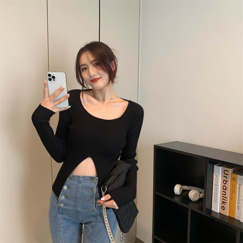 Real shooting real price Early autumn new design irregular split long-sleeved bottoming shirt pit strip knitted T-shirt top