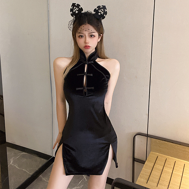 Real shot velvet fashion cheongsam style half high collar sleeveless Slim Fit Sexy split Hip Wrap Dress for women