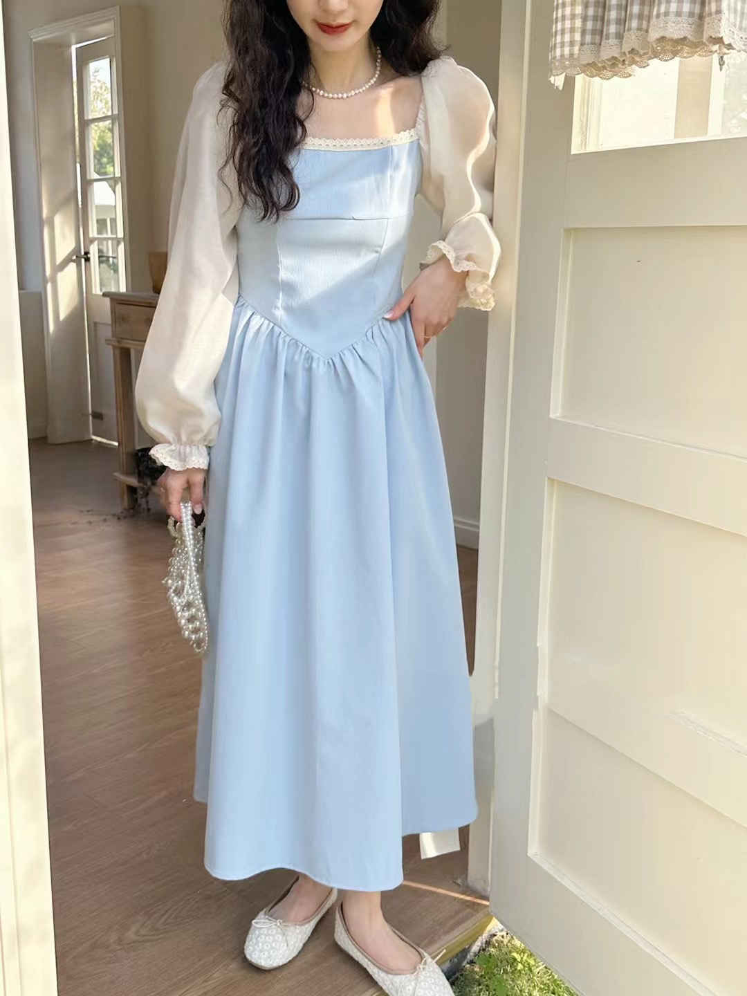 Actual shot ~ 2023 spring design color-blocked long skirt, square neck, puff sleeves, French retro dress