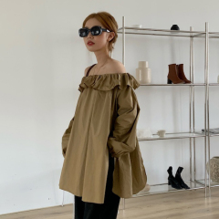 . real shot Korean design lotus leaf two wear one shoulder petal long sleeve shirt