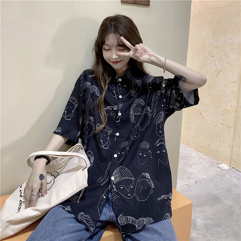 2023 summer new style Japanese casual tops retro trendy brand comics POLO collar short-sleeved floral shirt for women