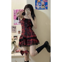 Real shot of new Plaid sexy lady's dress with lace sling