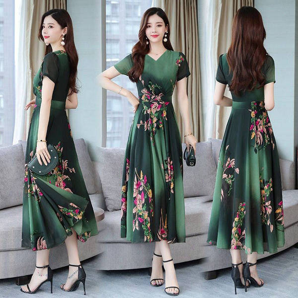 Ice silk fabric printed large swing dress spring and summer 2020 new fashion Korean women's knee length skirt