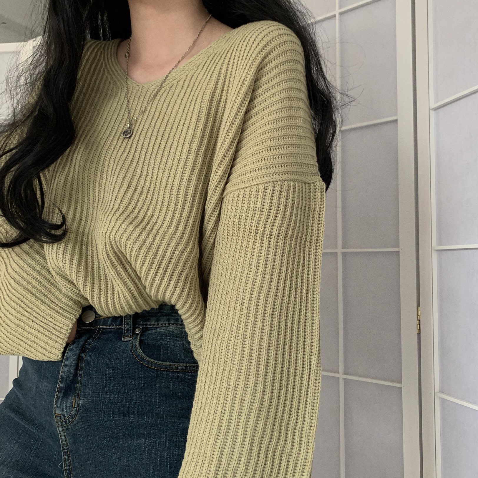 Korean chic loose and lazy large version solid color v-neck pullover sweater autumn and winter wool thick knitted top
