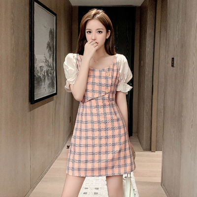 Summer new temperament Korean women's Plaid short sleeve waist skirt splicing Chiffon word dress