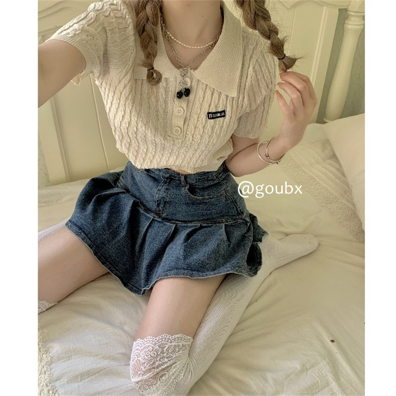 2023 new summer polo collar short striped knitted French T-shirt design sense niche inner top women