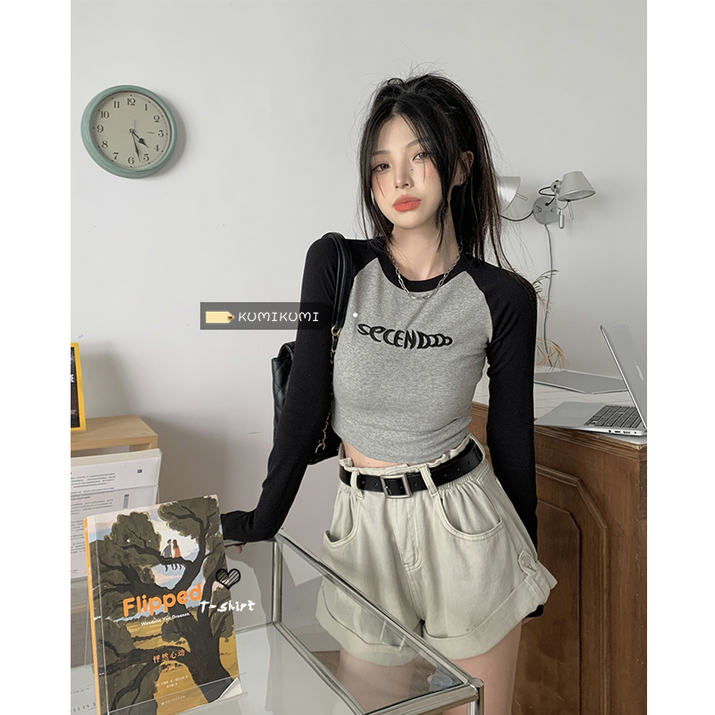 American retro color matching short long-sleeved T-shirt niche all-match slim slim bottoming shirt autumn hot girl top female