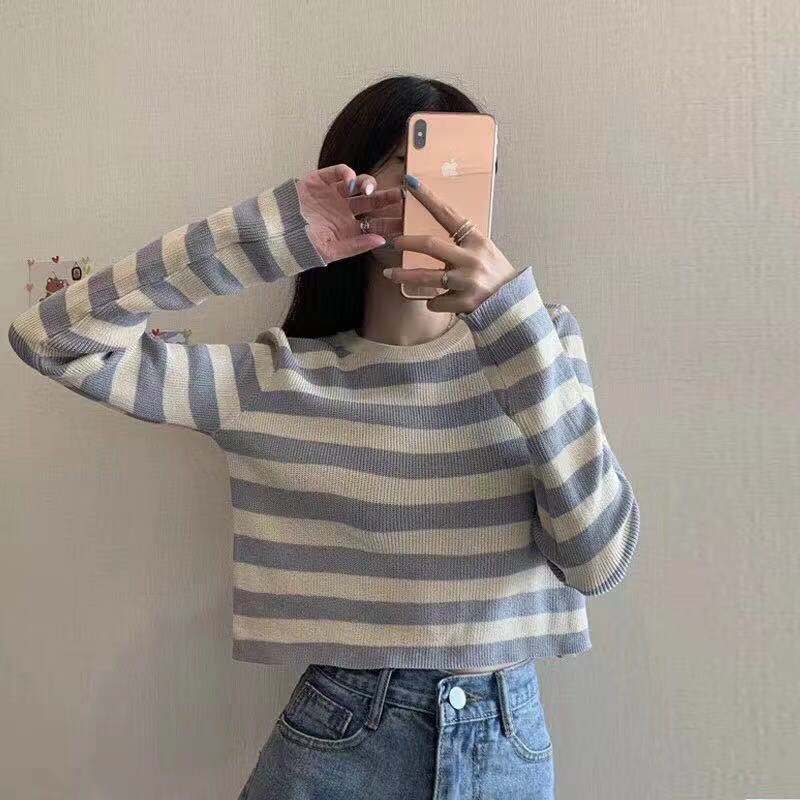Striped knitted long sleeve T-shirt women's 2021 new Korean version loose and thin lazy style short top