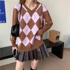 Real price autumn and winter New Retro Pullover Lingge Japanese loose T-shirt V-Neck long sleeve top