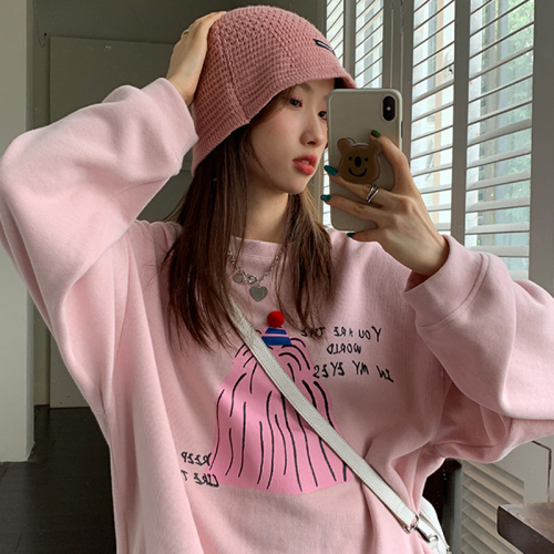 Fish scale Korean version loose cartoon printing round neck pullover sweater women's spring and autumn new all-match lazy wind long-sleeved top