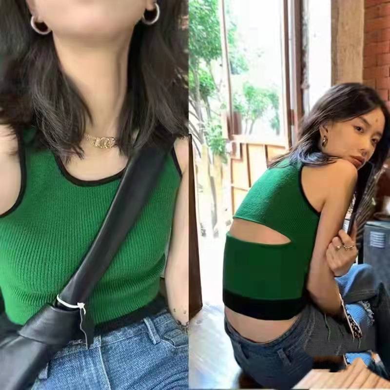 Spring and summer green vest small suspender women's careful machine design backless short coat sweet and spicy style knitted sleeveless inner match