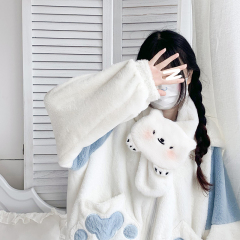 Color-blocking hooded lamb wool coat women's design soft cute bear plus velvet thick autumn and winter cardigan long-sleeved sweater