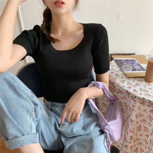 Real photo real price retro small square collar slim knitting Short Sleeve T-Shirt Top Female