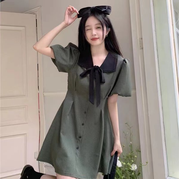 French retro girlish lattice skirt female doll Neck Lace up thin bubble sleeve waist A-line dress