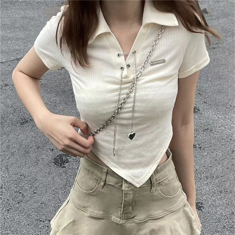 Knitted strip Short Sleeve Polo neck T-shirt women's summer new slim short straight shoulder top