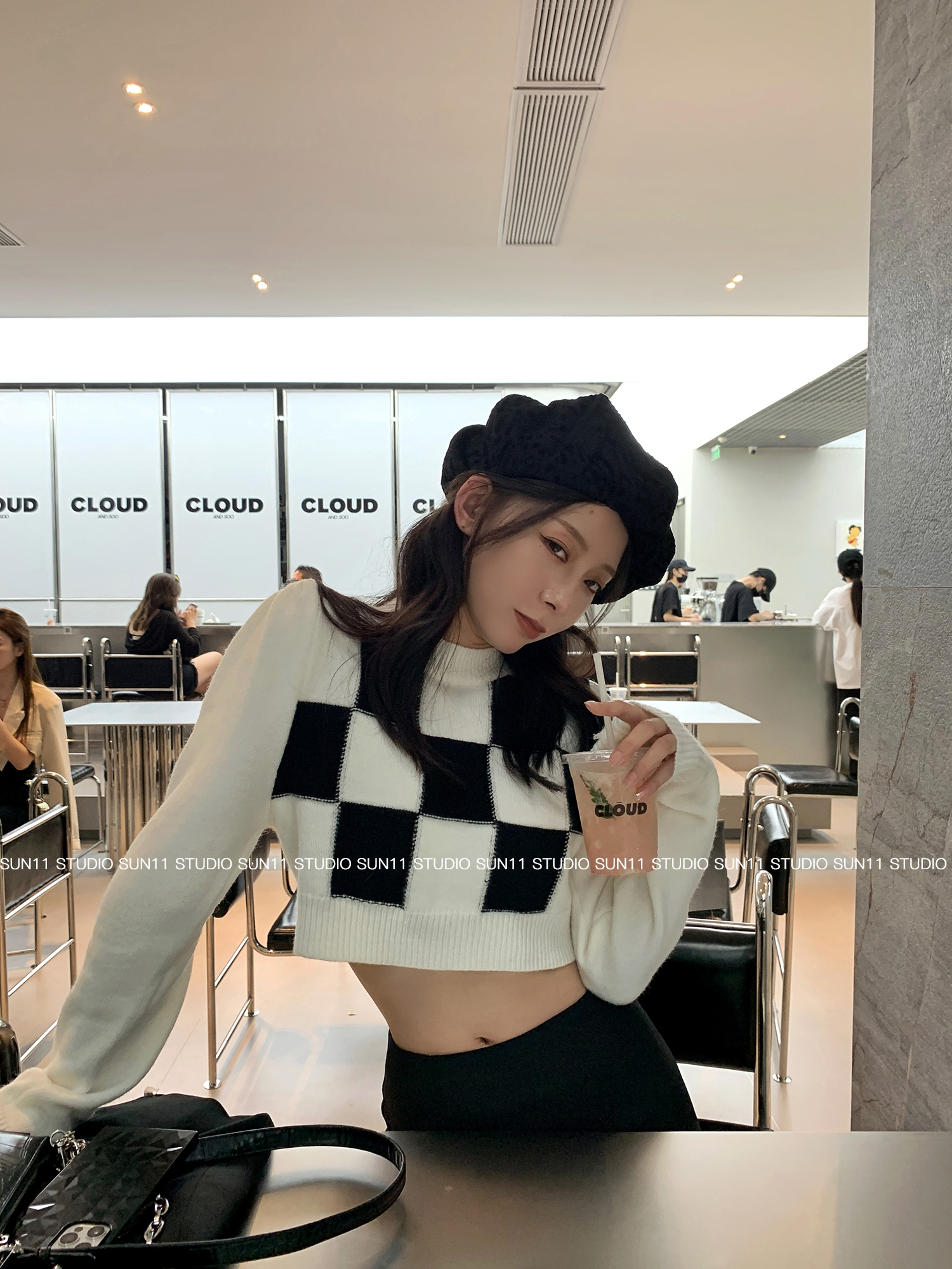 Sun11 chessboard Plaid short sweater women's spring and autumn thin 2021 Vintage Long Sleeve Sweater Top