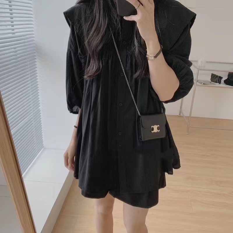 Summer new Korean candy color aging Navy doll collar Lantern Sleeve Cotton Shirt + wide leg Shorts Set