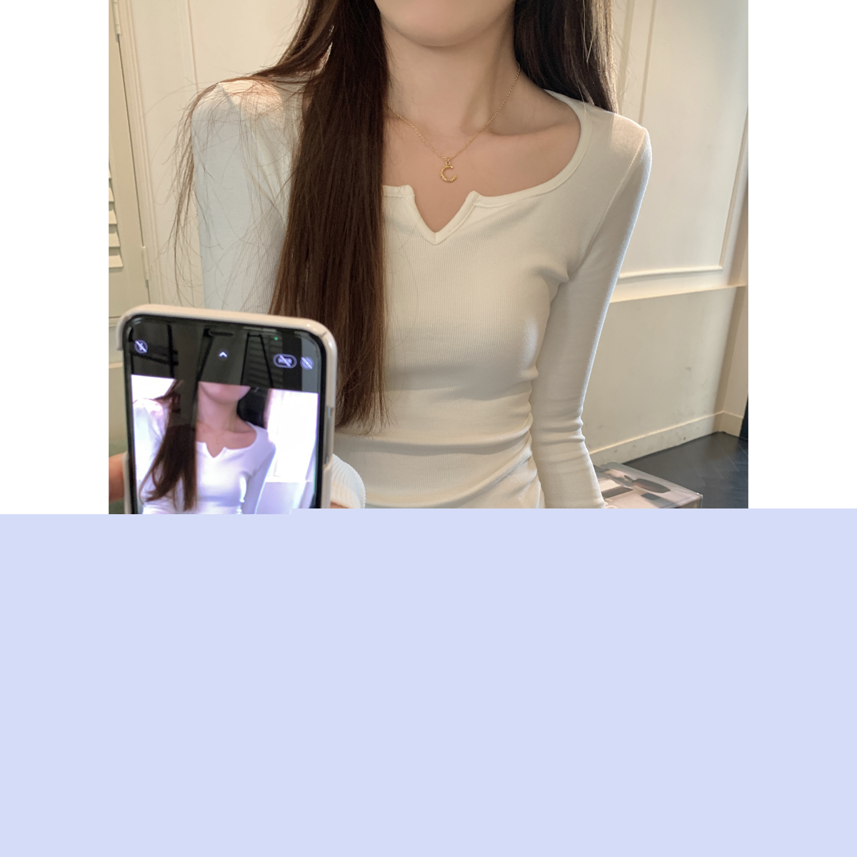 Real shot of autumn and winter Korean style half-open square collar pleated slimming solid color versatile long-sleeved bottoming T-shirt top