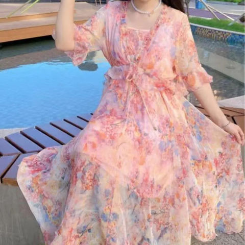 Ethnic style floral dress women's summer 2023 new high-end foreign style broad wife chiffon summer slim dress