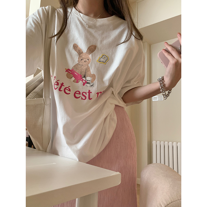 Wu 77 age-reducing rabbit printed short sleeve T-shirt women's loose foundation bai round neck small cotton jacket 2022