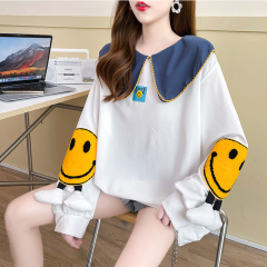 M-2XL real-life spring and autumn doll collar smiling face mid-length version long-sleeved top loose casual T-shirt (2 colors) medium and large size women's clothing-Kaisey doll