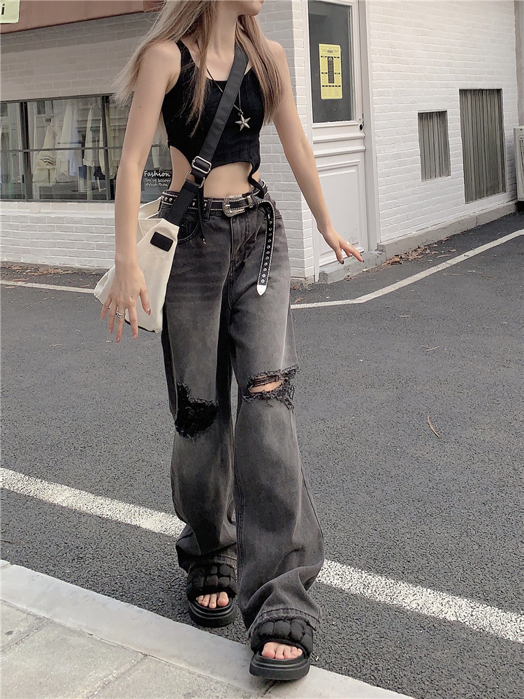 Real shot real price ripped jeans female straight loose low waist wide leg pants retro old pants