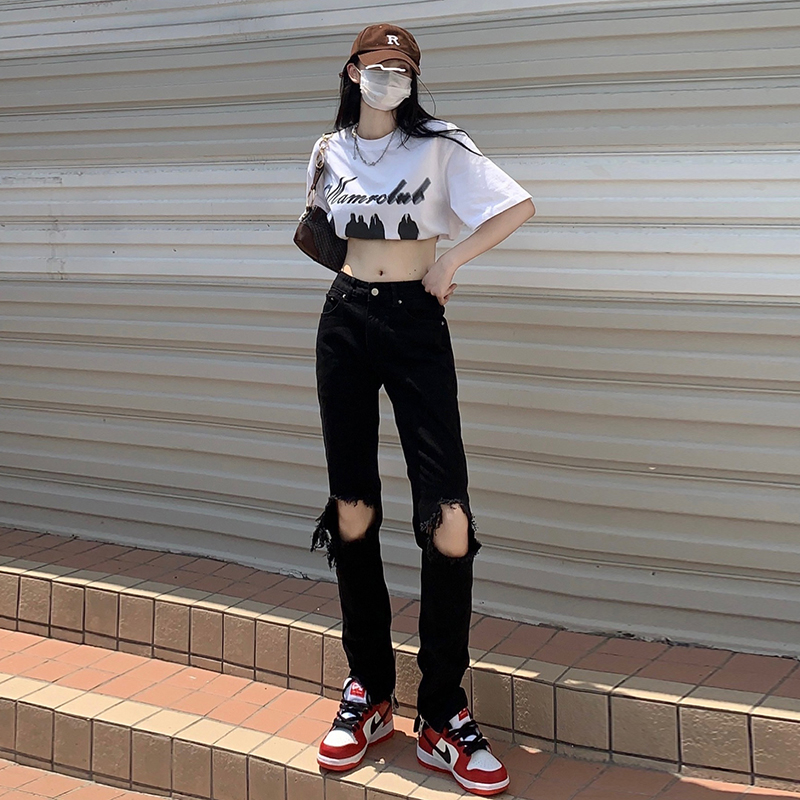 Real shot of American high street ripped holes looking thin slit zipper high waist straight jeans women & cropped trousers