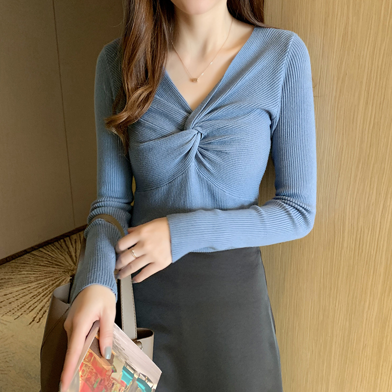Autumn new style foreign style versatile sweater women's long sleeve collar inner and outer top slim bottomed shirt