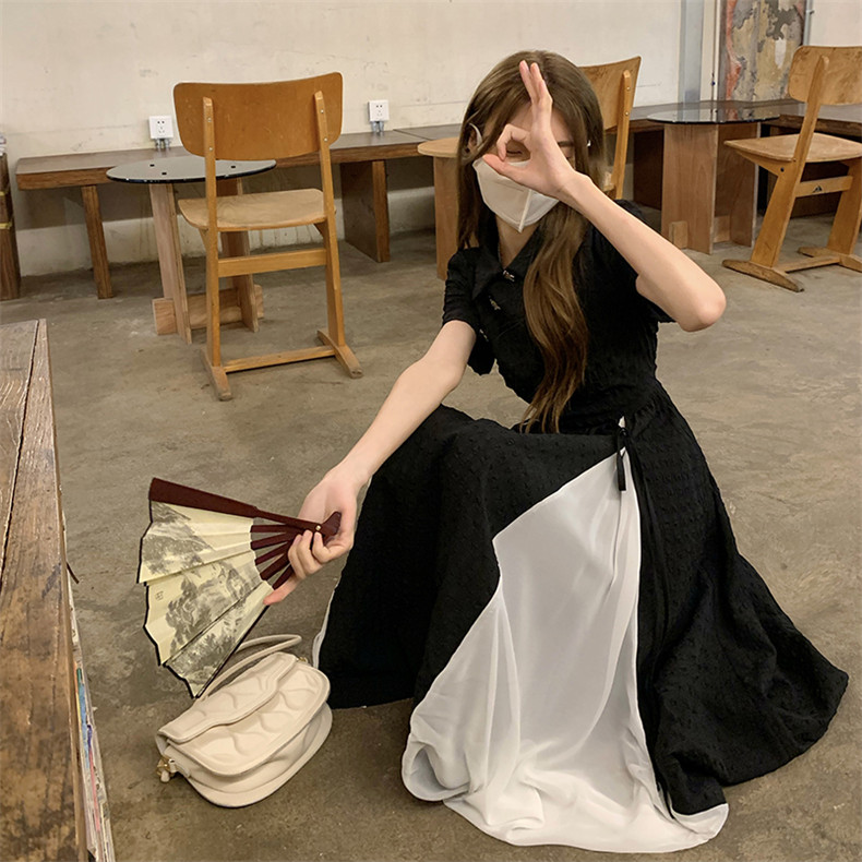 Improved cheongsam tea break French temperament black dress small man long skirt 2023 new women's clothing spring and summer
