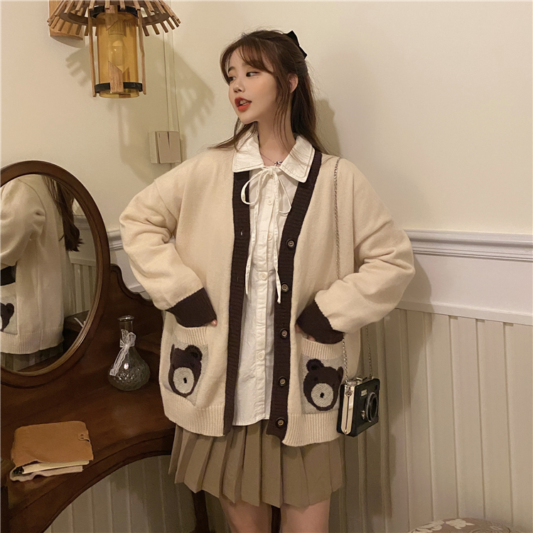 2021 autumn is a cute bear sweater sweater for women in autumn and winter new loose long sleeve cardigan coat for women