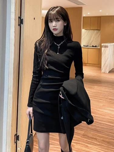 Black slim-fitting dress for women in autumn and winter with coat, temperament, bottoming skirt, hip-covering short skirt