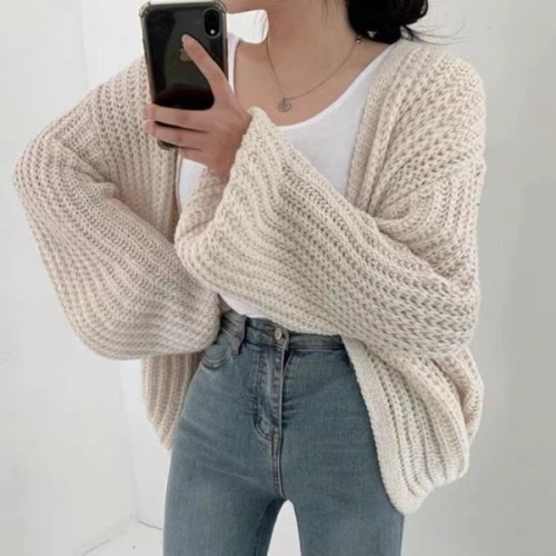 Korean chic autumn lazy style V-neck versatile loose casual Solid Color Lantern Sleeve knitted cardigan sweater coat