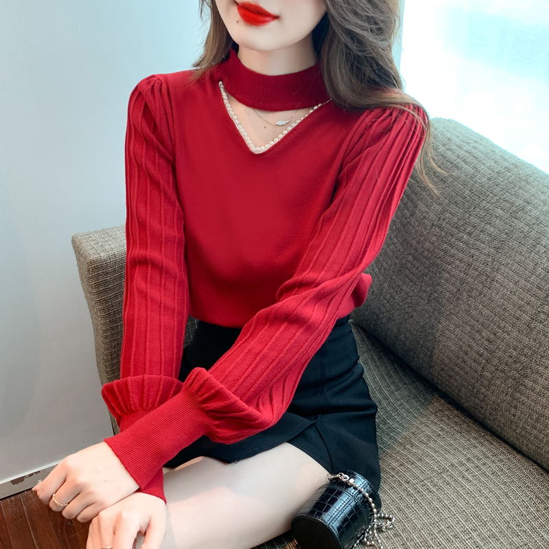 2022 real shot pearl hollow knitted sweater women's slim bottoming sweater autumn and winter pit strip long-sleeved top women