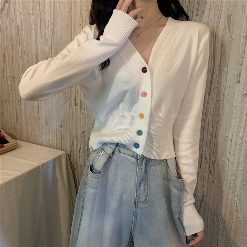 Real price color button slim V-neck cardigan Long Sleeve Sweater Top